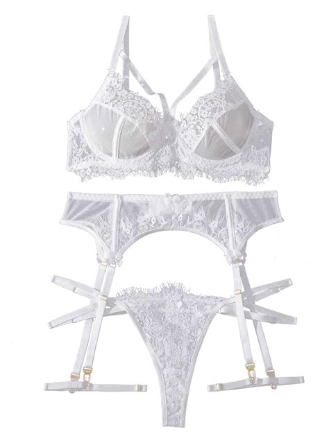 Snapklik Women Sexy Strappy Underwire Push Up Sheer Garter Belt Lingerie Set See Through