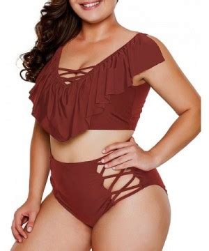 Womens Sexy Criss Cross Ruffles Flounce Swimsuits High Waist Bikini Set M Xxxl Wine Red