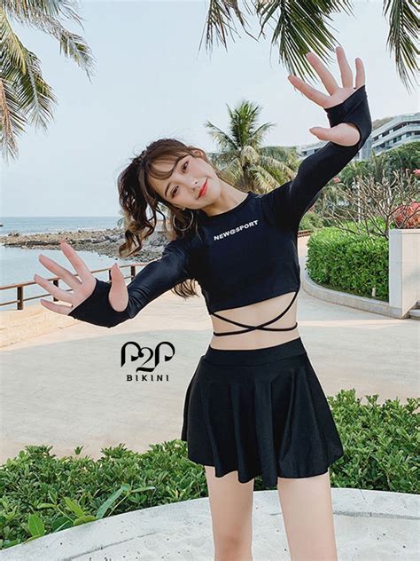 Đồ bơi Nữ mảnh áo tay dài có lỗ xỏ tay váy hai lớp phối dây P P B P P Bikini Thương