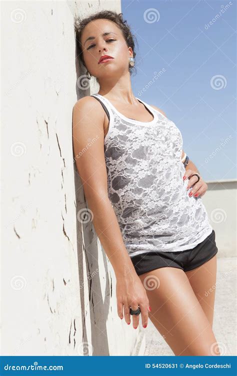 Sensual Brunette Tanned Girl Leaning On A Wall Hot Sun Stock Image Image Of Brunette