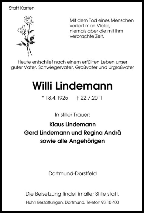 Traueranzeigen Von Willi Lindemann Trauer In NRW De