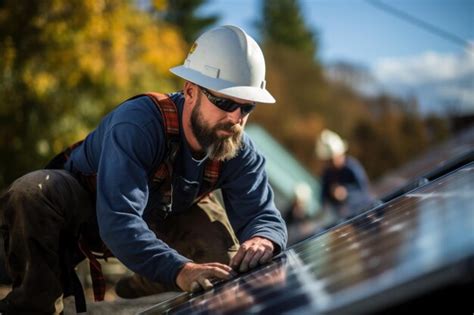 Trabalhador instalando painéis solares de energia renovável Foto Premium