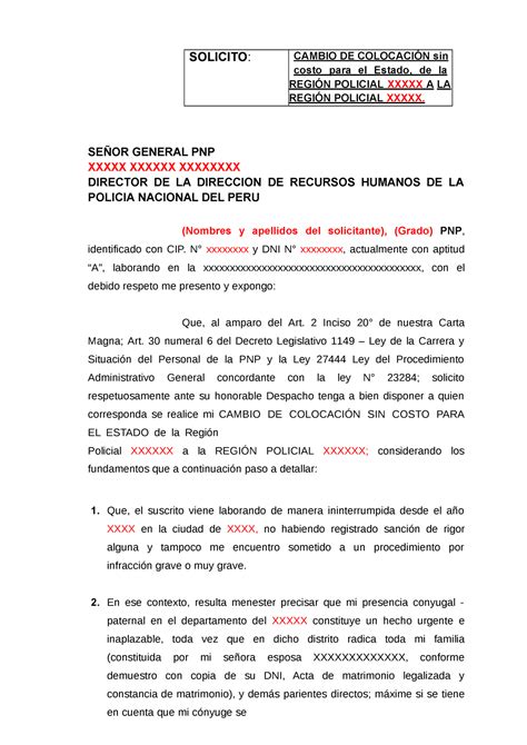 382808714 Modelo De Solicitud De Cambio De Colocacion Pnp Solicito Cambio De ColocaciÓn Sin