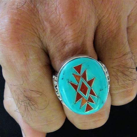 Bague Navajo Ovale Pour Homme Turquoise Corail Bague En Argent 925