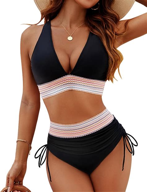 Blooming Jelly Women High Waisted Bikini Sets Tummy Control Swimsuits Color Block Two Piece