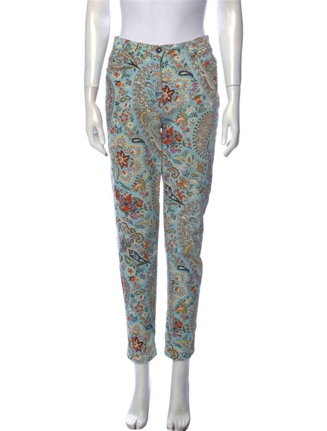 Etro Floral Print Skinny Leg Pants Blue 10 Rise Pants Clothing