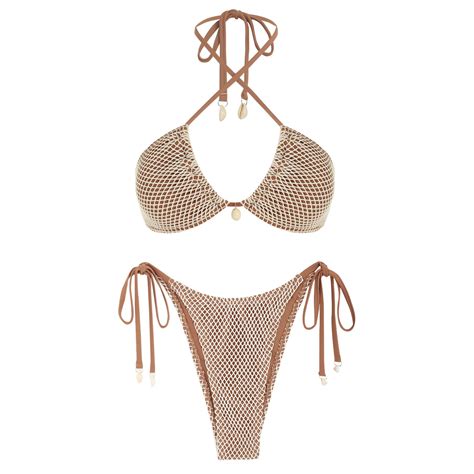 ZAFUL Women S Bikini Set Fishnet Triangle Tie Convertible Collar Halter