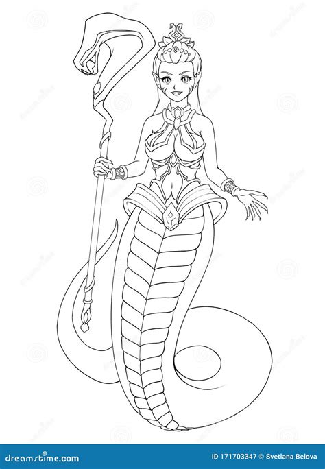 Pretty Snake Girl with Magic Staff and Snake Tail. Hand Drawn Contour ...