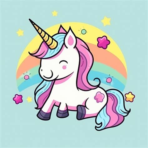 Unicornio De Dibujos Animados Con Arco Iris Y Estrellas En Un Fondo