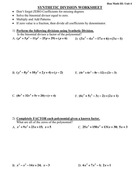 Long And Synthetic Division Worksheets