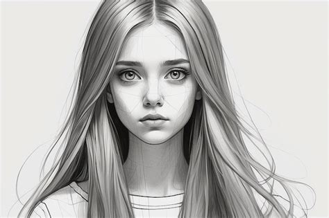 Un Dibujo De Una Chica Con El Cabello Largo Y Una Mirada Triste