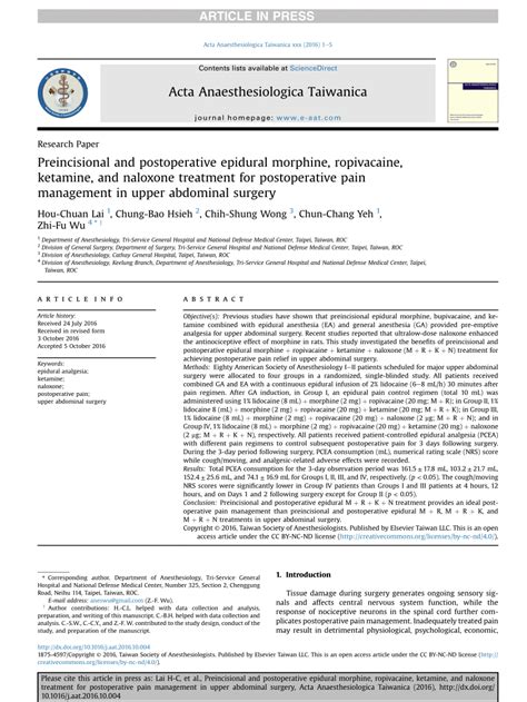 PDF Preincisional And Postoperative Epidural Morphine Ropivacaine