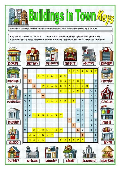 BUILDINGS IN TOWN - WORDSEARCH | Geography worksheets, English ...