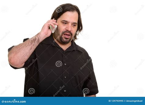 Fat Caucasian Man Talking On Mobile Phone Stock Image Image Of Open