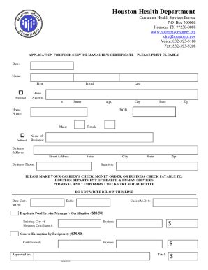 Fillable Online City Of Houston Application For Food Service Manager S