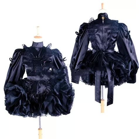 Sissy Maid Lockable Black Satin Lace Dress Cosplay Costume Tailor Made