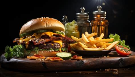 Hamburguesa De Ternera A La Parrilla Con Queso Tomate Y Patatas Fritas