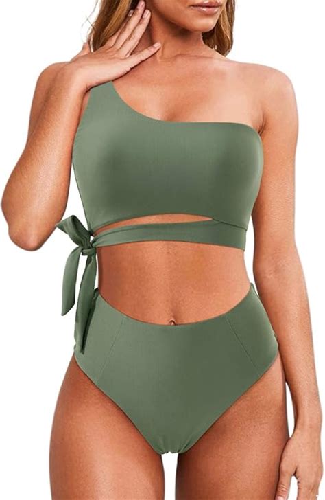 Amazon MOOSLOVER Women One Shoulder High Waisted Bikini Tie High Cut Two Piece Swimsuits