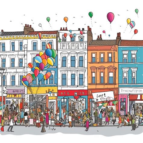 Un Dibujo De Una Calle Muy Transitada Con Muchas Tiendas Y Globos