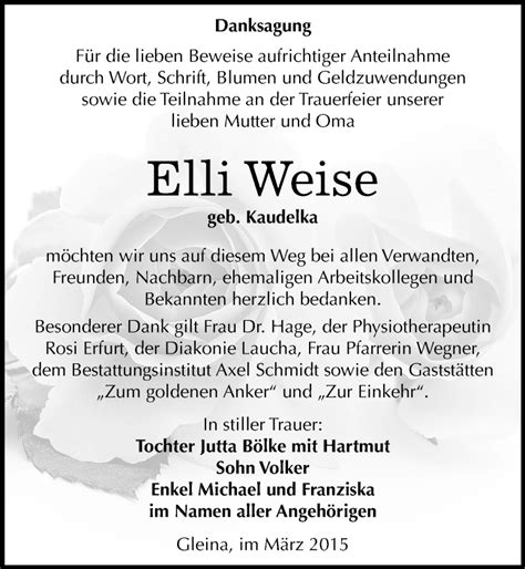 Traueranzeigen Von Elli Weise Abschied Nehmen De