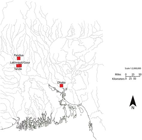 Map of Sultanate cities in Bengal. Base map redrawn from Irfan Habib ...