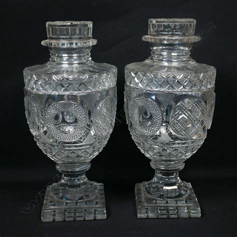 Georgian Style Cut Glass Urns With Lids 25cm Height British Georgian Glass