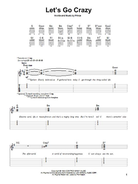 Let S Go Crazy By Prince Sheet Music For Easy Guitar Tab At Sheet Music Direct