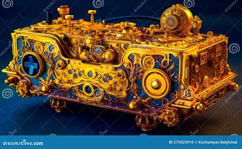 Gold and Blue Steam Engine on Blue Surface with Black Background. Generative AI Stock ...