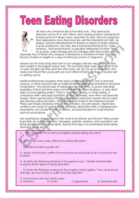 Teen Eating Disorders Yolanda Esl Worksheet By Yolandaprieto