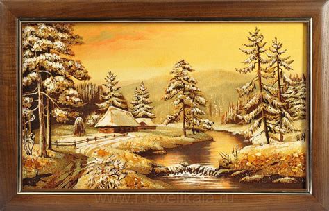 a painting of a cabin in the woods with snow on trees and a stream ...