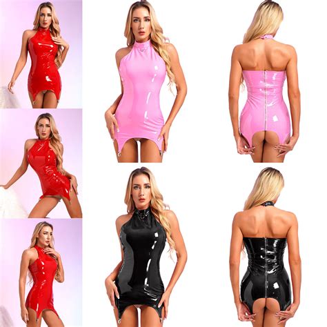 Womens Sexy Pvc Leather Lingerie Bodycon Mini Nightclub Dress With