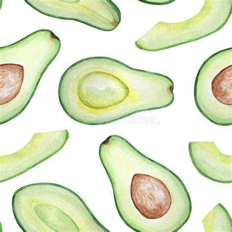 Watercolor Seamless Pattern Of Avocado Slices On White Background Stock