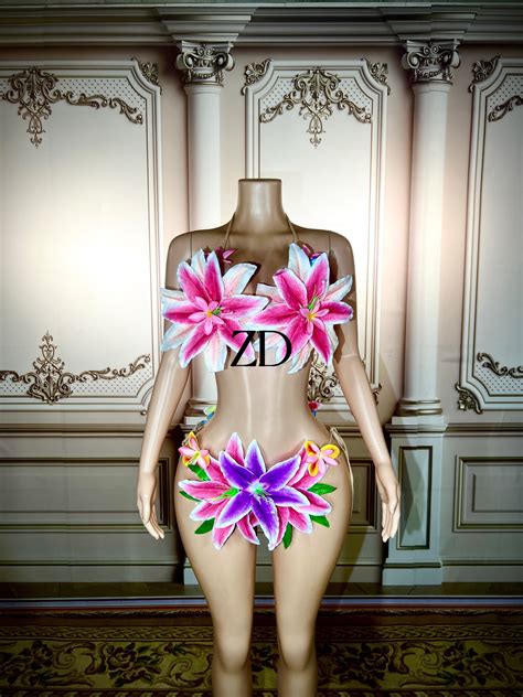 Sexy Colorful Big Flowers Transparent Bikini Dress Women Dancer Show