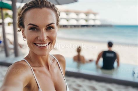 Adult Mature Woman At A Beach With A Hotel With A Swimming Pool Generative AI Backgrounds