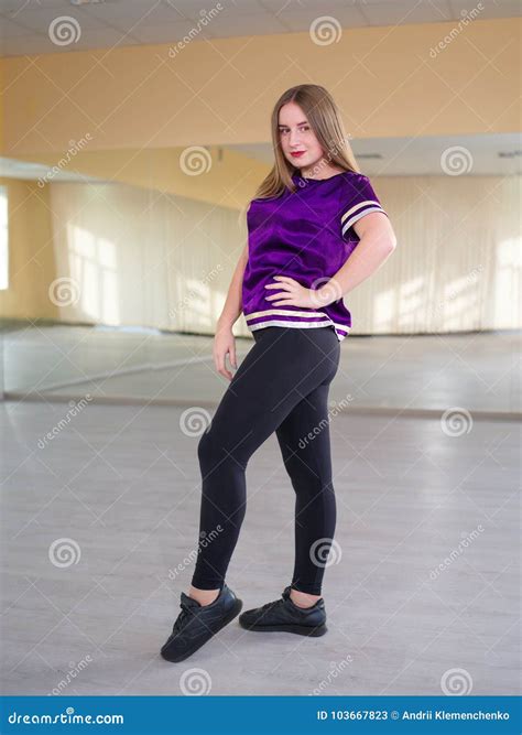 Cute Girl Brunette Standing Sideways Posing In A Light Dance Studio Stock Image Image Of