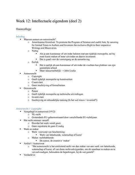 Inleiding Burgerlijk Recht Week 12 Week 12 Intellectuele Eigendom