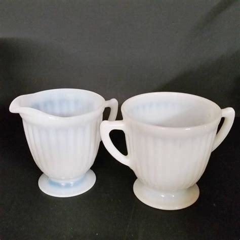 Vintage Pedestal Milk Glass Sugar And Creamer Set Opalescent Etsy Milk Glass Creamer Glass