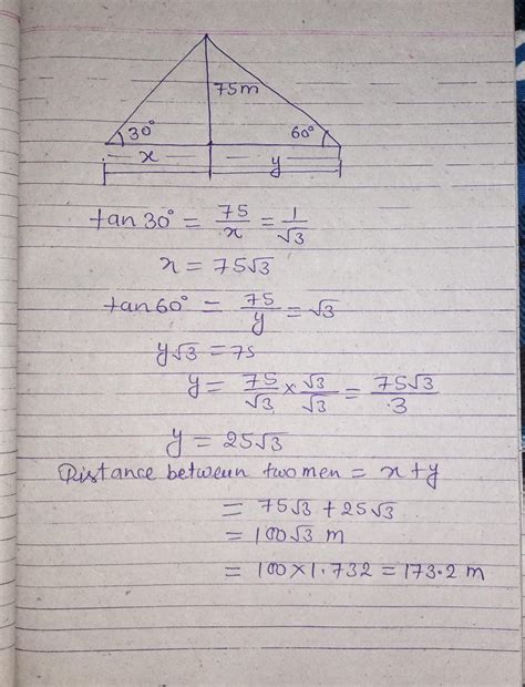 Two men on either side of a cliff 75 m high observe the angles of