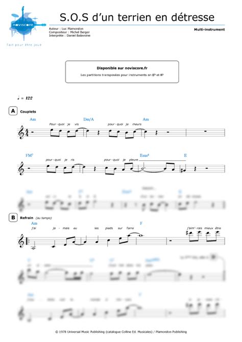 Partitura S O S d un terrien en détresse Daniel Balavoine