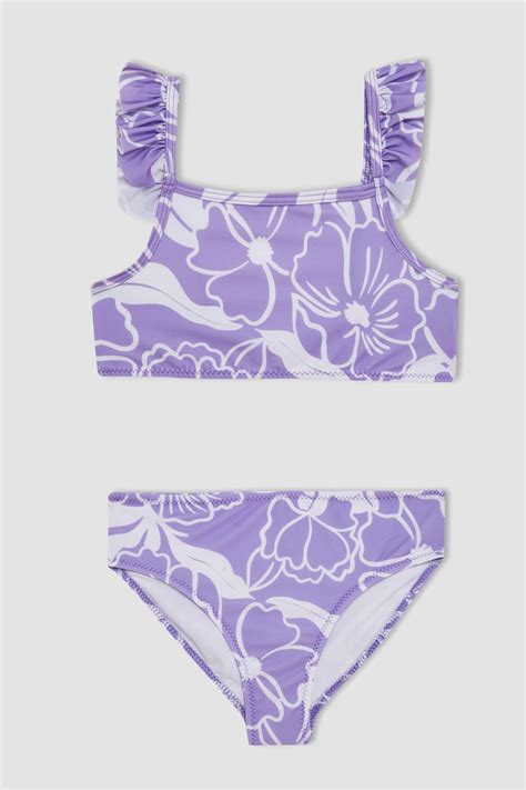 Mor Kız Çocuk Genç Kız Kız Çocuk Çiçekli Bikini Takımı DeFacto