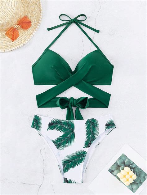 Bañador bikini cruzado con estampado tropical Moda de Mujer SHEIN