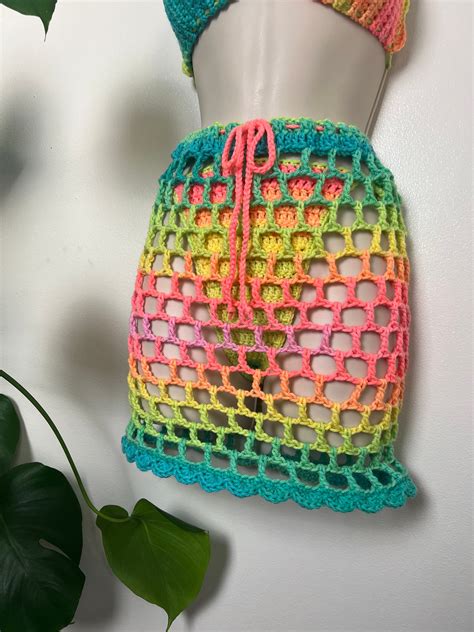 Neon Rainbow Crochet Summer Bikini Set With Cover Up Mesh Skirt Crochet Bra Top Crochet