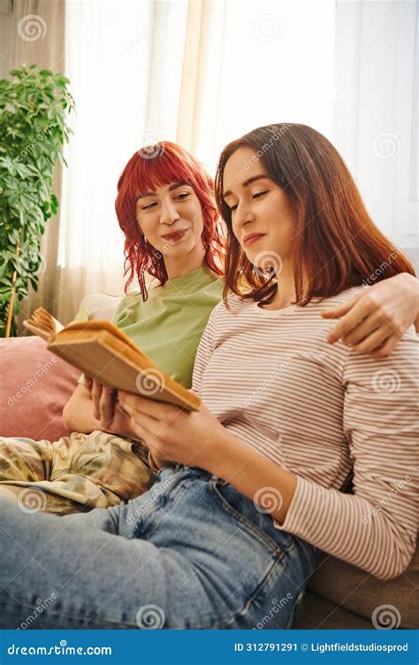 Cheerful Lesbian Couple Enjoying Quiet Moment Stock Image Image Of Read Book 312791291