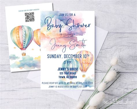 Hot Air Balloon Baby Shower Invitation Template Digital Editable