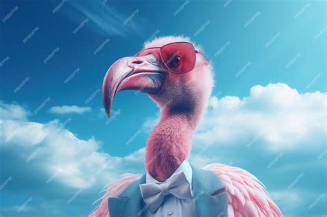 Premium Photo Pink Flamingo Wearing Sunglasses Outdoors With Blue Sky Ai