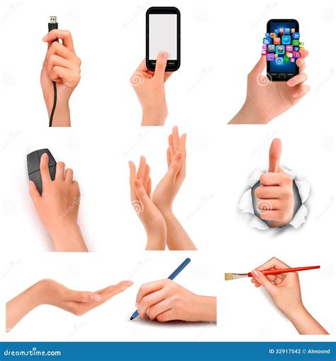 Set Of Hands Holding Different Business Objects. Stock Photography - Image: 32917542