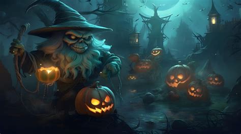 Premium AI Image | Halloween background with wizard and pumpkins