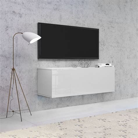 Meuble Tv Suspendu Vivo Cm Blanc Blanc Brillant Style Moderne