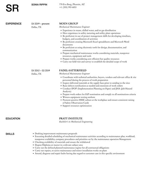 Maintenance Engineer Resume Sample