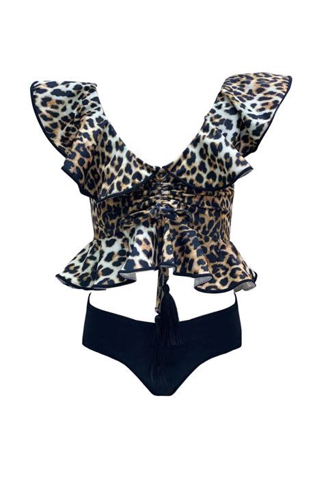 LOOK ME Leopar Desenli Fırfırlı Püskül Detaylı 50uv Kız Çocuk Bikini